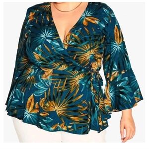 City Chic Wrap Top Woman Plus 22W Island Print Flare Sleeves Tropical Vacation